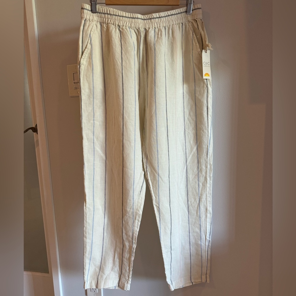 C & C California 100% Linen Cream and Pastel Striped Summer Lightweight Pants L